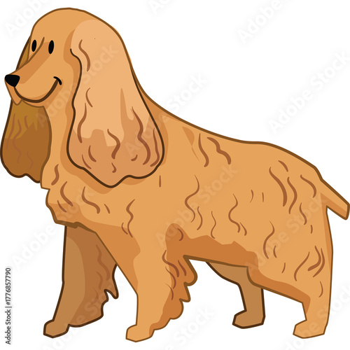 Illustration of a happy tan Cocker Spaniel dog standing profile view on a transparent background depicted in a simple cartoon style with gentle shading and distinct outlines