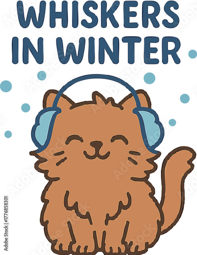 Cute brown cat with earmuffs in winter season smiling with whiskers and snowflakes vector illustration