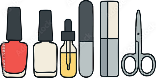 Nail care tools and nail polish bottles for manicure and grooming routine vector illustration