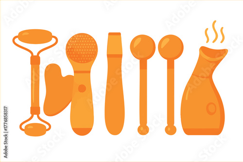 Orange Facial Massage Tools Set with Roller, Brush, Scraper, and Hot Stone Warmer Vector Illustration for Skin Care Routine