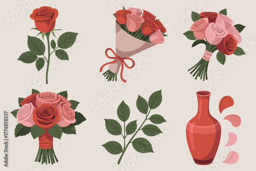 Red and pink rose bouquet vector set with single flowers leaves and vase floral design elements for decoration and greeting cards