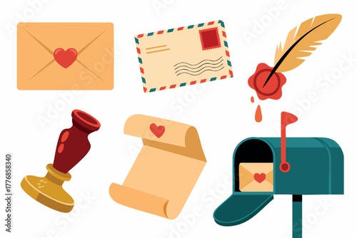 Vintage love letter mail set with envelope scroll quill feather pen wax stamp and mailbox vector design
