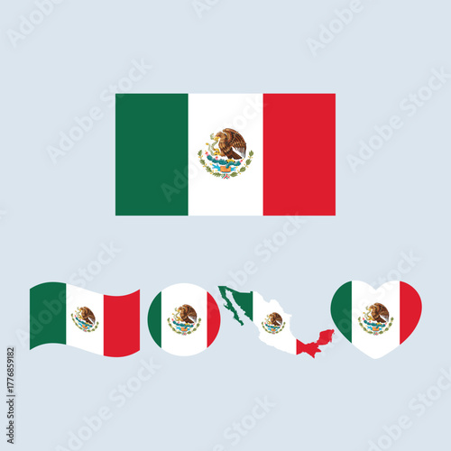 Mexico Flag Vector Set with Round, Heart, Map, and Waving Designs