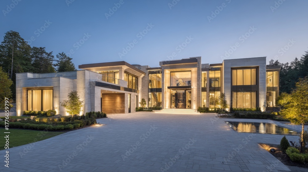 Fototapeta premium A grand luxury home stands illuminated at dusk showcasing beautiful design and lush greenery.