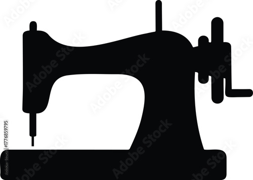 Classic black silhouette of a vintage sewing machine with hand crank. Perfect for tailoring, fashion design, textile crafts, and retro design themes.