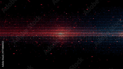 Abstract glitched data background with horizontal pixel lines, red and blue distortion effect for technology and modern design concept.