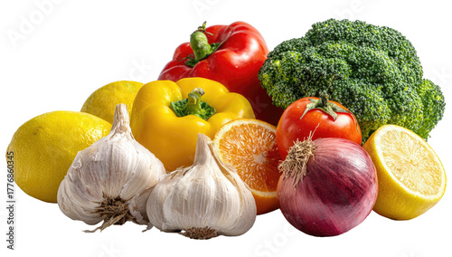 Colorful assortment of fresh vegetables and fruits. A vibrant display of various produce, including bell peppers, broccoli, lemons, oranges, tomatoes, garlic, and an onion