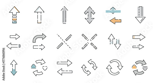 Collection of minimalist arrow vector icons, diverse directions, shapes, and styles
