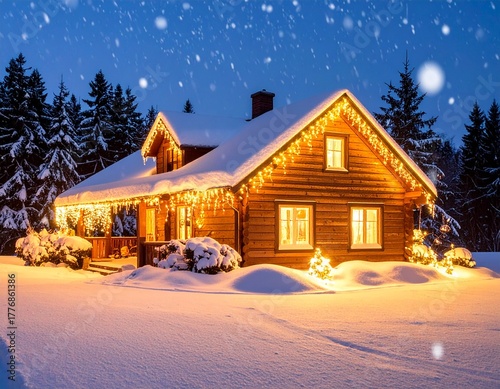 Maison décorée sous la neige – féérie lumineuse et esprit de Noël