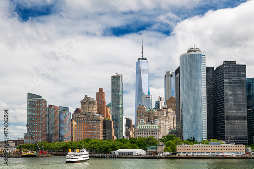 Panoramic view of the skyscrapers surrounding Battery Park in Lower Manhattan, New York City. 