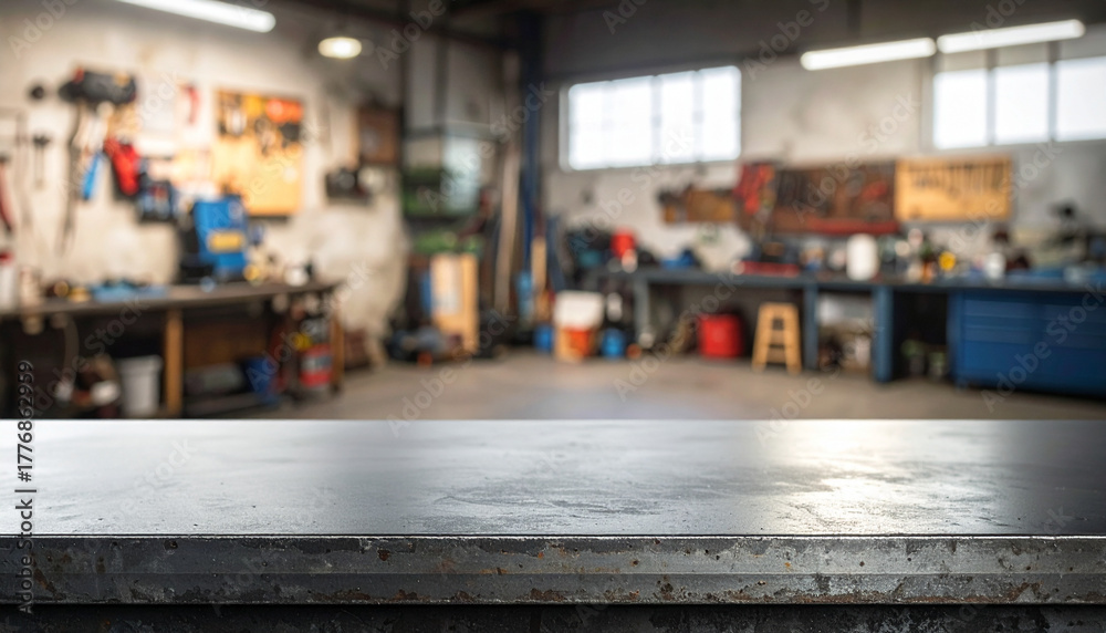 Obraz premium Blank rough metal workshop and desk table surface on blurred garage background with copy space, Empty space for your products and crafty idea in man cave studio