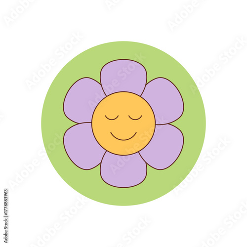 Groovy retro flower smiley sticker in cartoon circle with happy and cute yellow face. Fun y2k style groovy element, perfect as package or box seal and playful pop accent for vintage appeal.