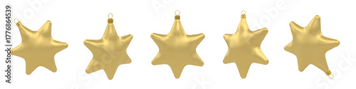 Christmas star ornaments realistic soft gold, isolated. Clean 3d vector render in different angles. Christmas tree decoration of realism style. Perfect for social media designs, greeting cards.