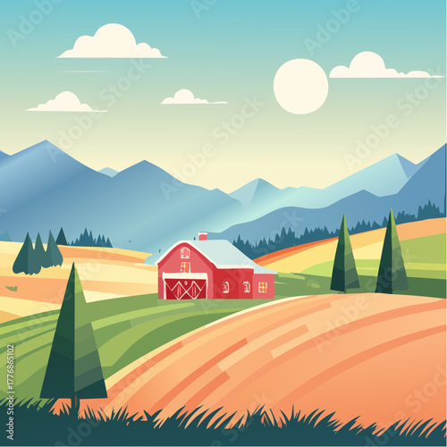 Farm and farming concept for agriculture with field of harvested crops and barn