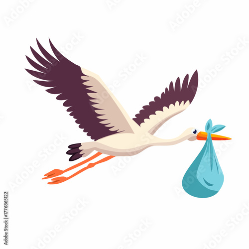 Stork carrying a newborn infant baby during childbooth