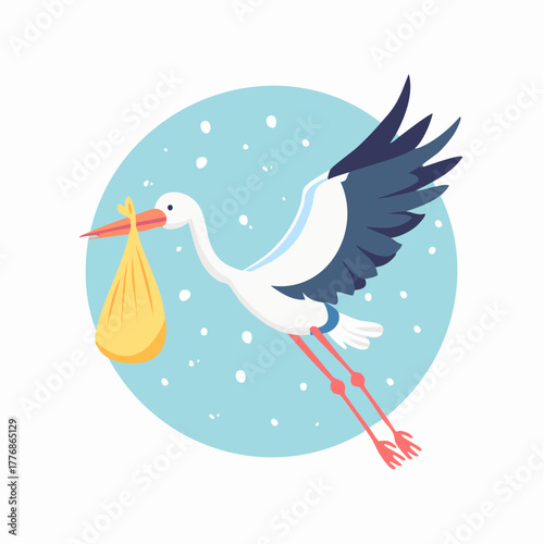 Stork carrying a newborn infant baby during childbooth