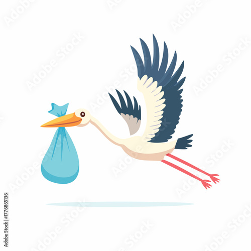 Stork carrying a newborn infant baby during childbooth