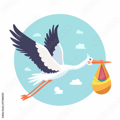 Stork carrying a newborn infant baby during childbooth