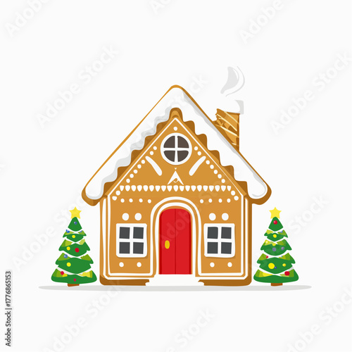 Gingerbread house - vector illustration of whimsical home made of gingerbread with frosting and candy decorations for christmas holiday