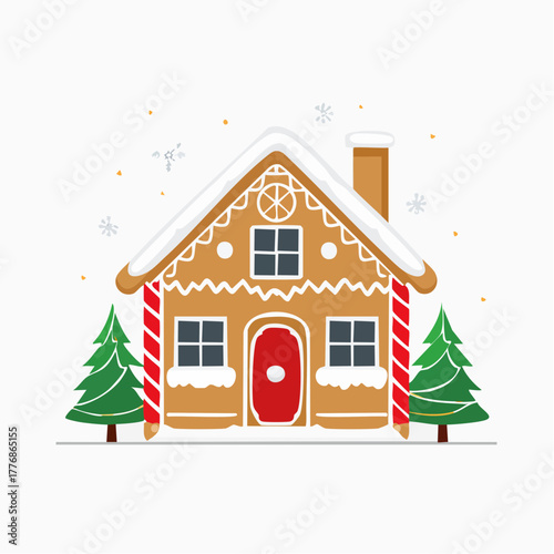 Gingerbread house - vector illustration of whimsical home made of gingerbread with frosting and candy decorations for christmas holiday