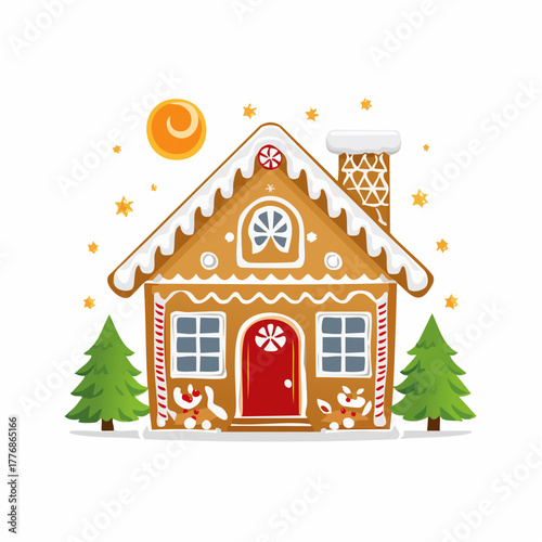 Gingerbread house - vector illustration of whimsical home made of gingerbread with frosting and candy decorations for christmas holiday
