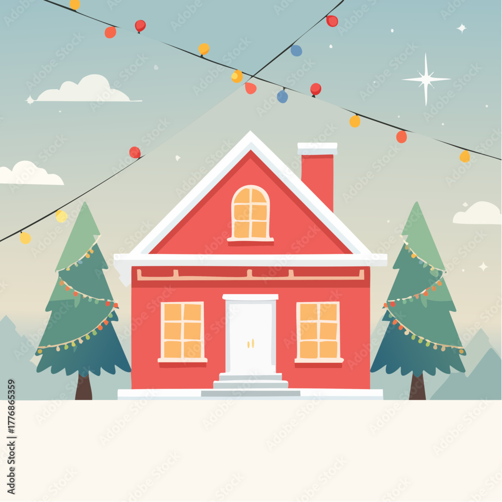 Fototapeta premium Suburban house exterior decorated with colorful string lights and ornaments for the christmas winter seasonal holiday