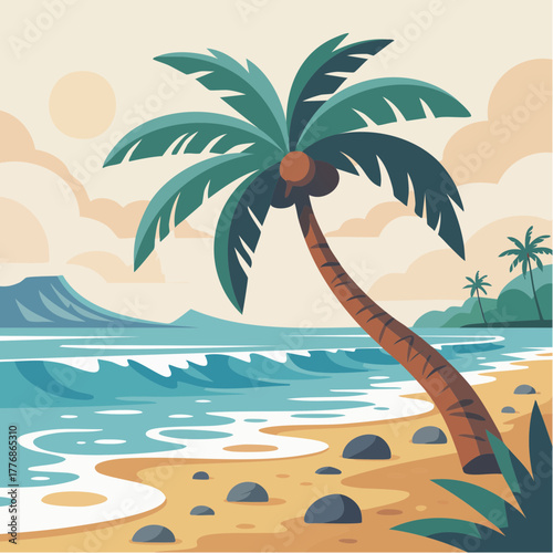 Tropical beach landscape scene - environment ecosystem with sandy shore and ocean waves