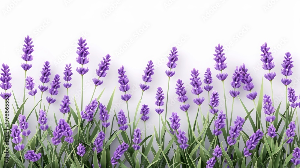 Naklejka premium Lavender flowers in a lush green field against a light background, showcasing vibrant purple hues.