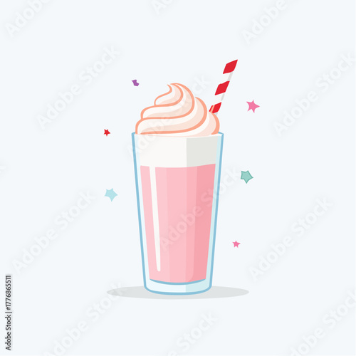 Milkshake with straw in a glass - pink milkshake with whipped cream topping