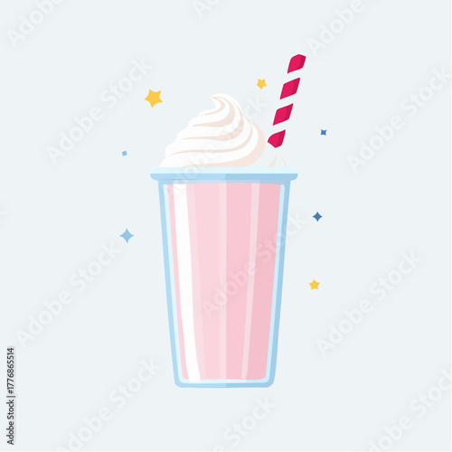 Milkshake with straw in a glass - pink milkshake with whipped cream topping