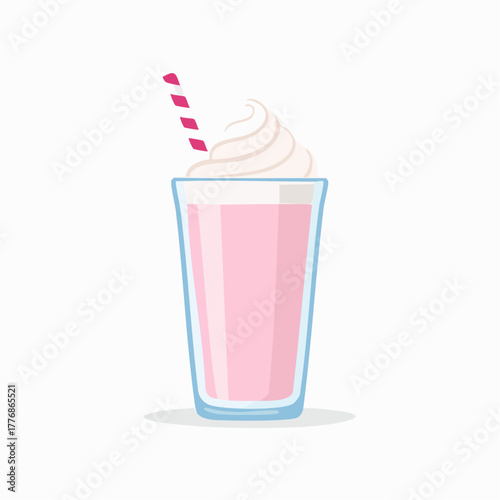 Milkshake with straw in a glass - pink milkshake with whipped cream topping