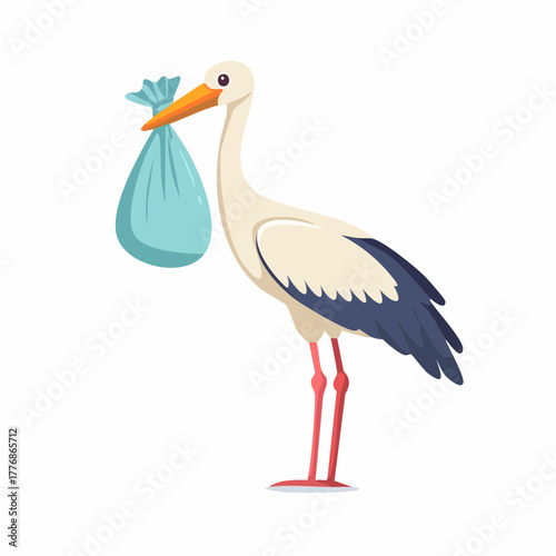 Stork carrying a newborn infant baby during childbooth