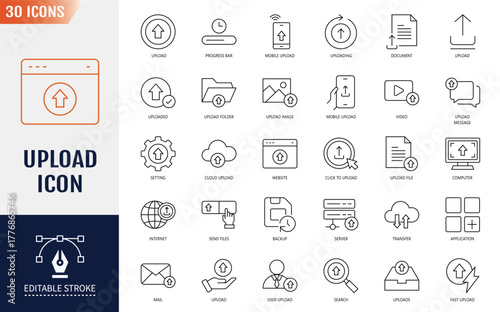 Upload icon set. Containing icons: uploading, file, button, transfer, server, document, uploaded, arrow up, cloud upload and more. Vector illustration