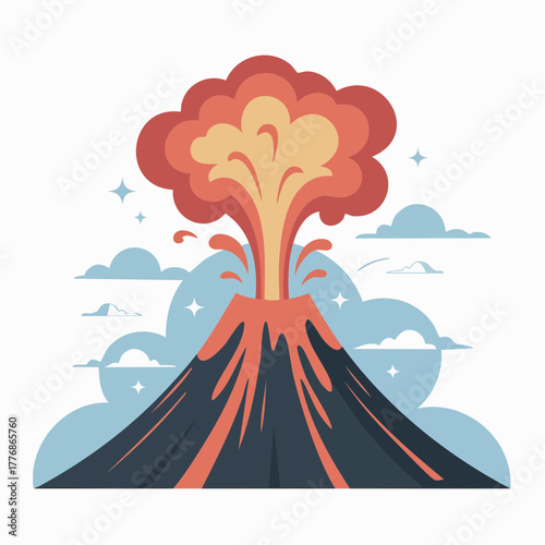 Erupting volcano with lava and magma flowing down the mountain slope