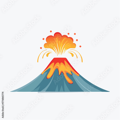 Erupting volcano with lava and magma flowing down the mountain slope