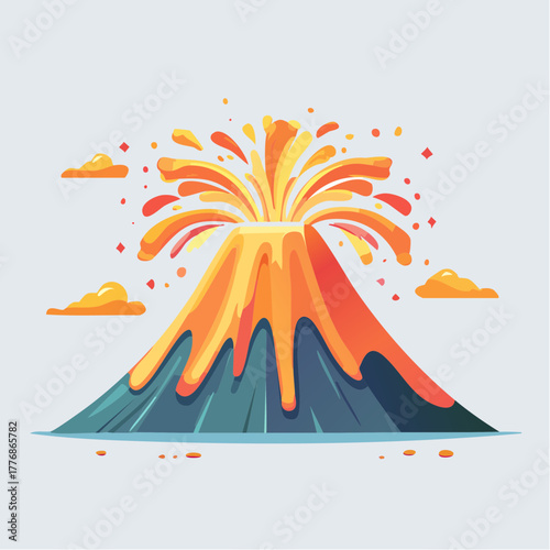 Erupting volcano with lava and magma flowing down the mountain slope