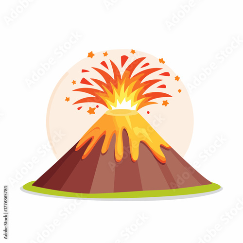 Erupting volcano with lava and magma flowing down the mountain slope