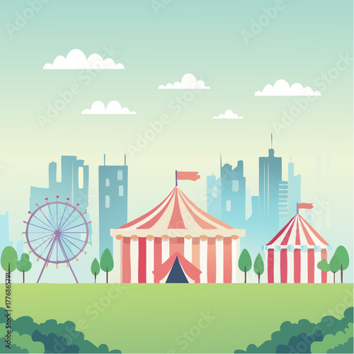 Amusement park with roller coaster and ferris wheel and carnival games