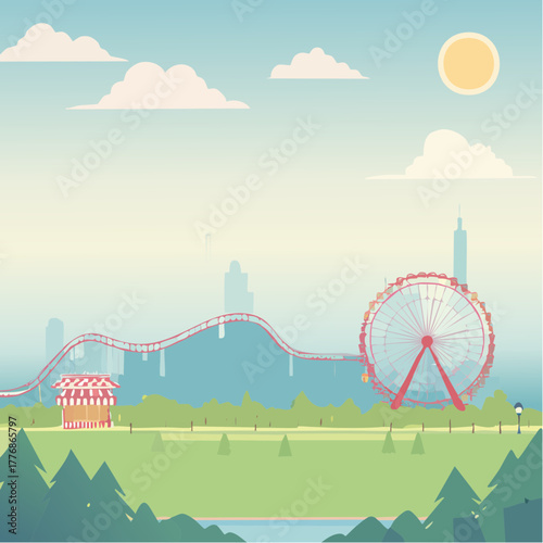 Amusement park with roller coaster and ferris wheel and carnival games