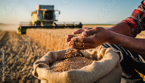 Farmers hands holding golden wheat grain, pouring it into a burlap sack, with a combine harvester in a field
