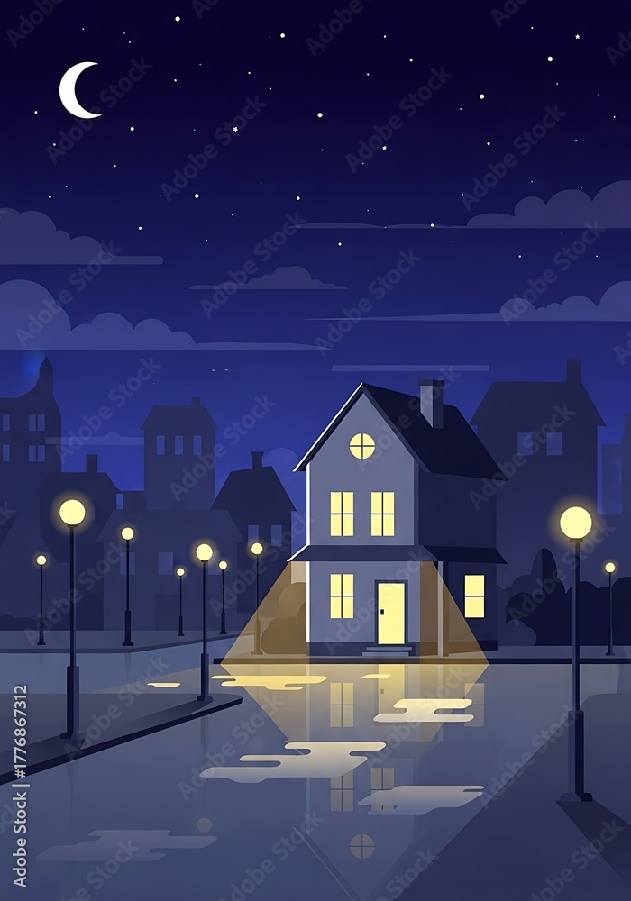 Fototapeta premium Tranquil cityscape with house streetlights and moonlit puddles night