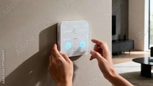 Wallpaper Mural Closeup of hands interacting with a learning smart thermostat highlighting zone control features and userfriendly touch interface in a modern home setting. Torontodigital.ca