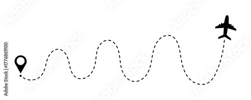 Airplane flight path doodle icon. Dotted map route for travel and journey, dash line air plane route. Vector illustration isolated on white background