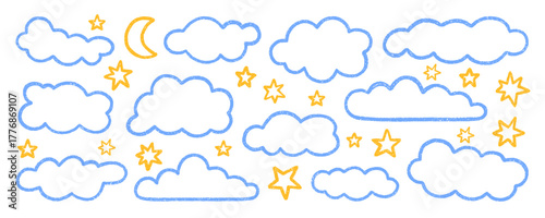 Chalk pencil clouds doodle set. Childish crayon sky, stars and moon. Pastel kids sketch. Grunge texture. Hand drawn vector illustration isolated on white background