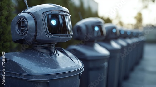 Futuristic robots with sleek designs and glowing blue eyes are lined up in a modern outdoor setting, showcasing advanced technology and innovation in robotics