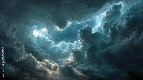 Dramatic storm clouds swirling in a turbulent sky, illuminated by rays of sunlight breaking through, creating a captivating and dynamic atmospheric scene