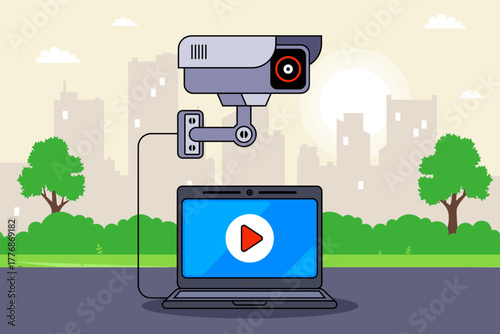 watch video from surveillance cameras on monitor. flat illustration.