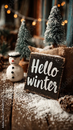 Winter-themed decorative scene featuring a snowman, evergreen trees, and a rustic sign saying hello winter, creating a cozy festive atmosphere for seasonal celebrations