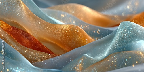 Flowing fabric with shimmering textures in shades of orange and blue, creating an elegant and vibrant visual display, perfect for artistic backgrounds and design projects
