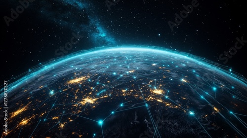 A global digital network spanning the entire planet, with luminous blue streams of light representing connections and the flow of information	